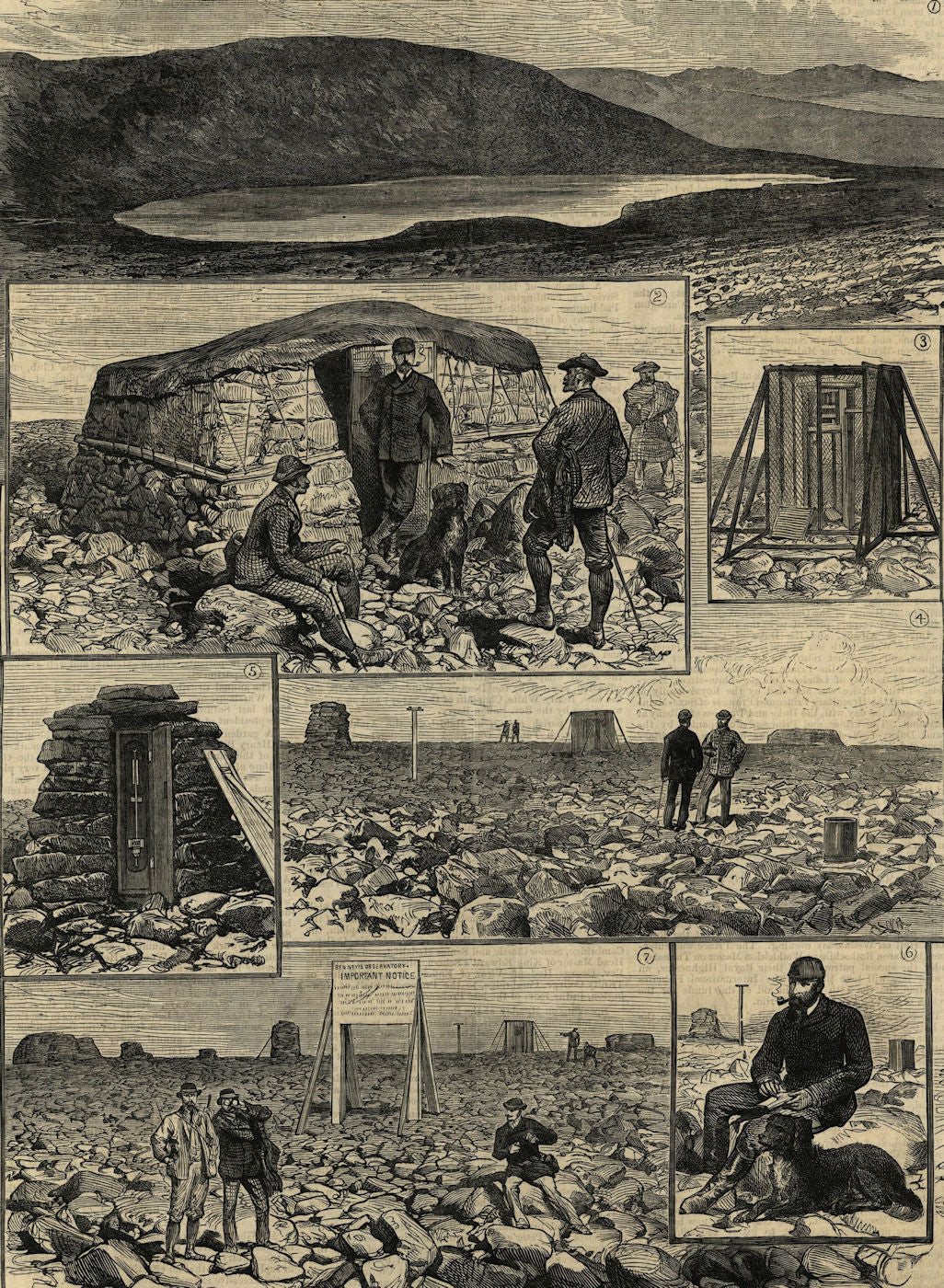 The Ben Nevis summit observatory. Lake hut Thermometer Rain-gauge Wragge 1883
